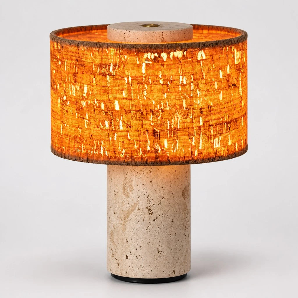 Travertine Cylinder Table Lamp with Fabric Shade — Wabi-Sabi Cylinder Travertine Fabric Table Light