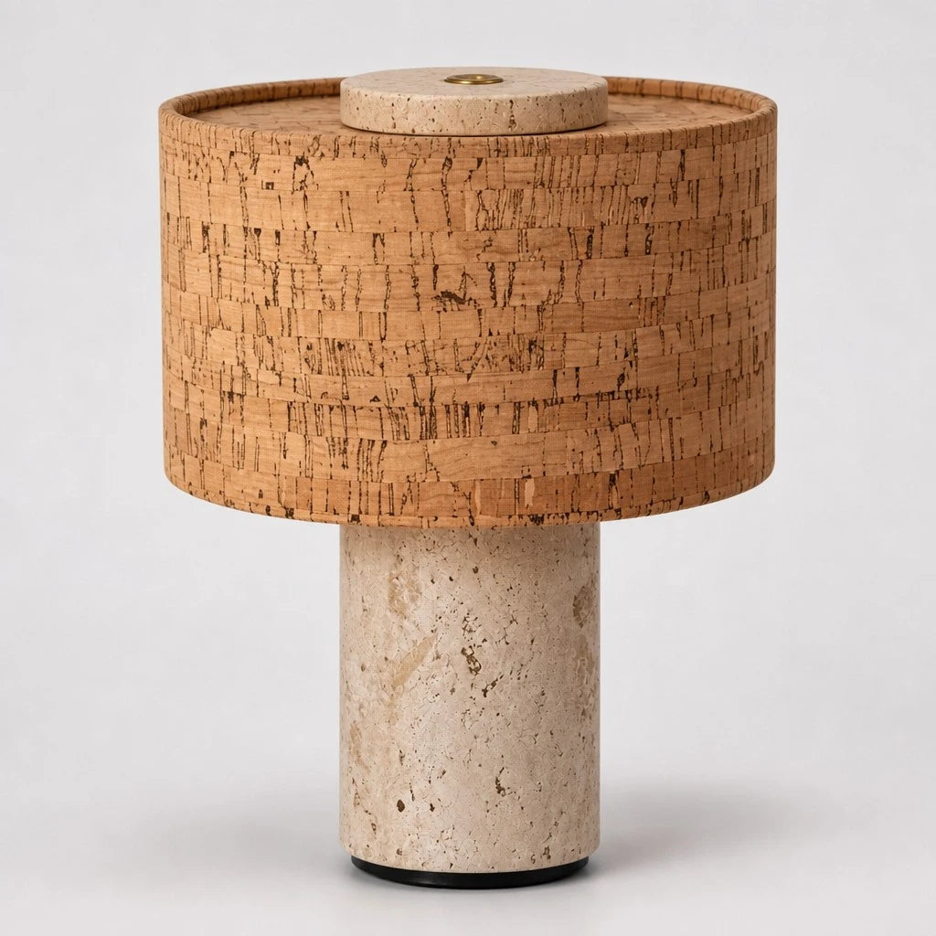 Travertine Cylinder Table Lamp with Fabric Shade — Wabi-Sabi Cylinder Travertine Fabric Table Light