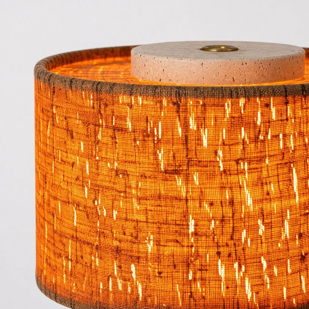 Travertine Cylinder Table Lamp with Fabric Shade — Wabi-Sabi Cylinder Travertine Fabric Table Light