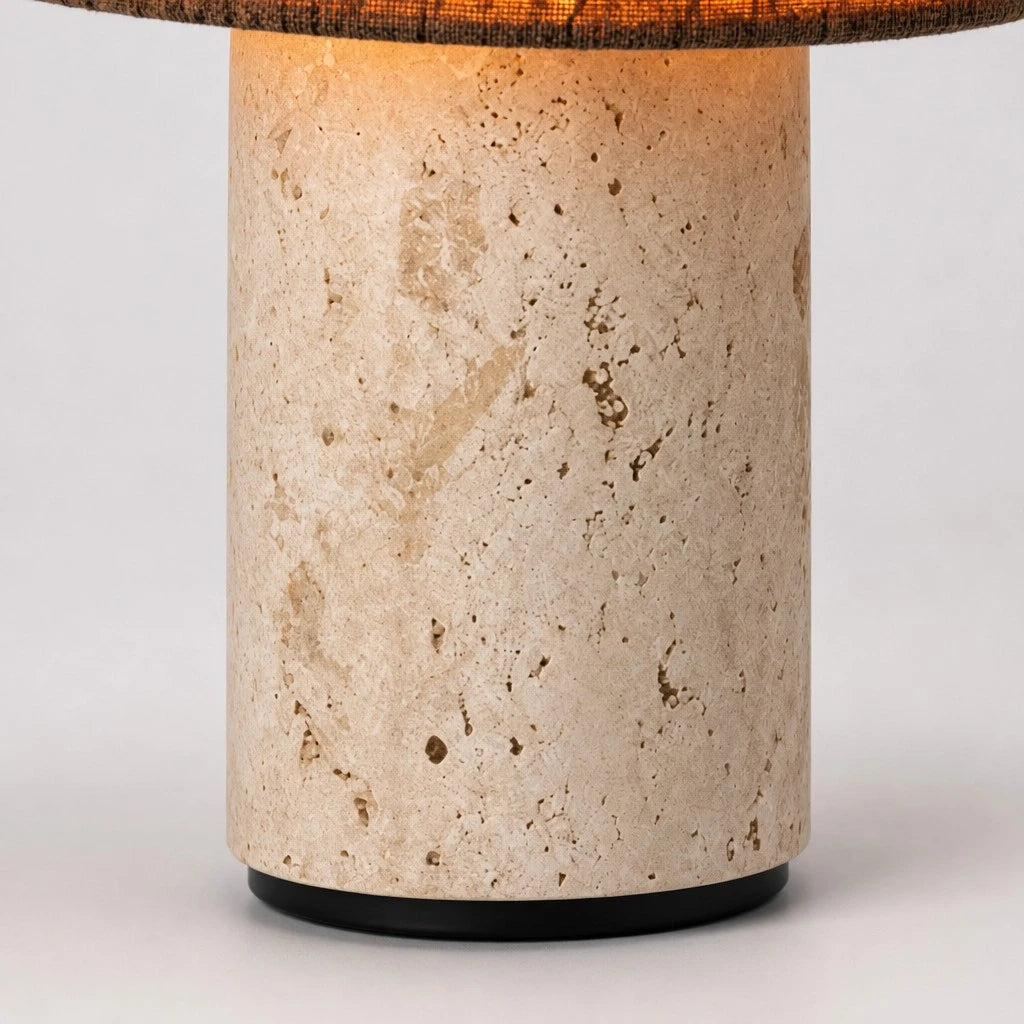 Travertine Cylinder Table Lamp with Fabric Shade — Wabi-Sabi Cylinder Travertine Fabric Table Light