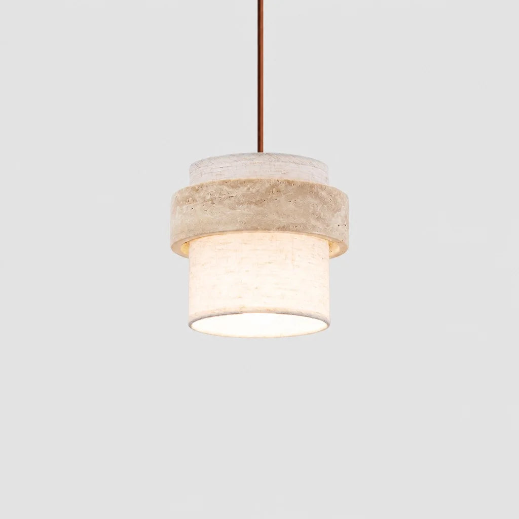 Travertine and Fabric Pendant Lamp — Wabi-Sabi Travertine Cylinder Pendant Light