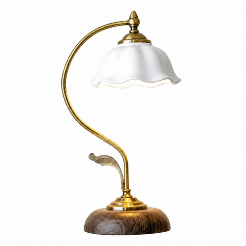 Ceramic Flower Shade Table Lamp — scalloped white shade and curved brass-colour stem