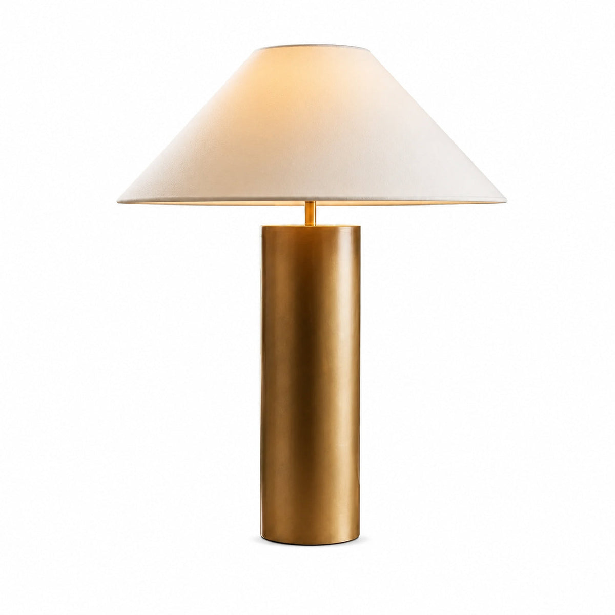 Conical Linen Shade Table Lamp with Brass-Tone Base — conical shade and cylindrical brass-colour base