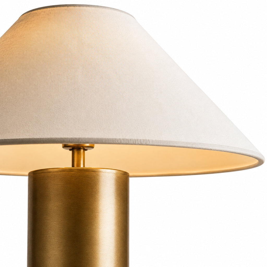 Conical Linen Shade Table Lamp with Brass-Tone Base — conical shade and cylindrical brass-colour base