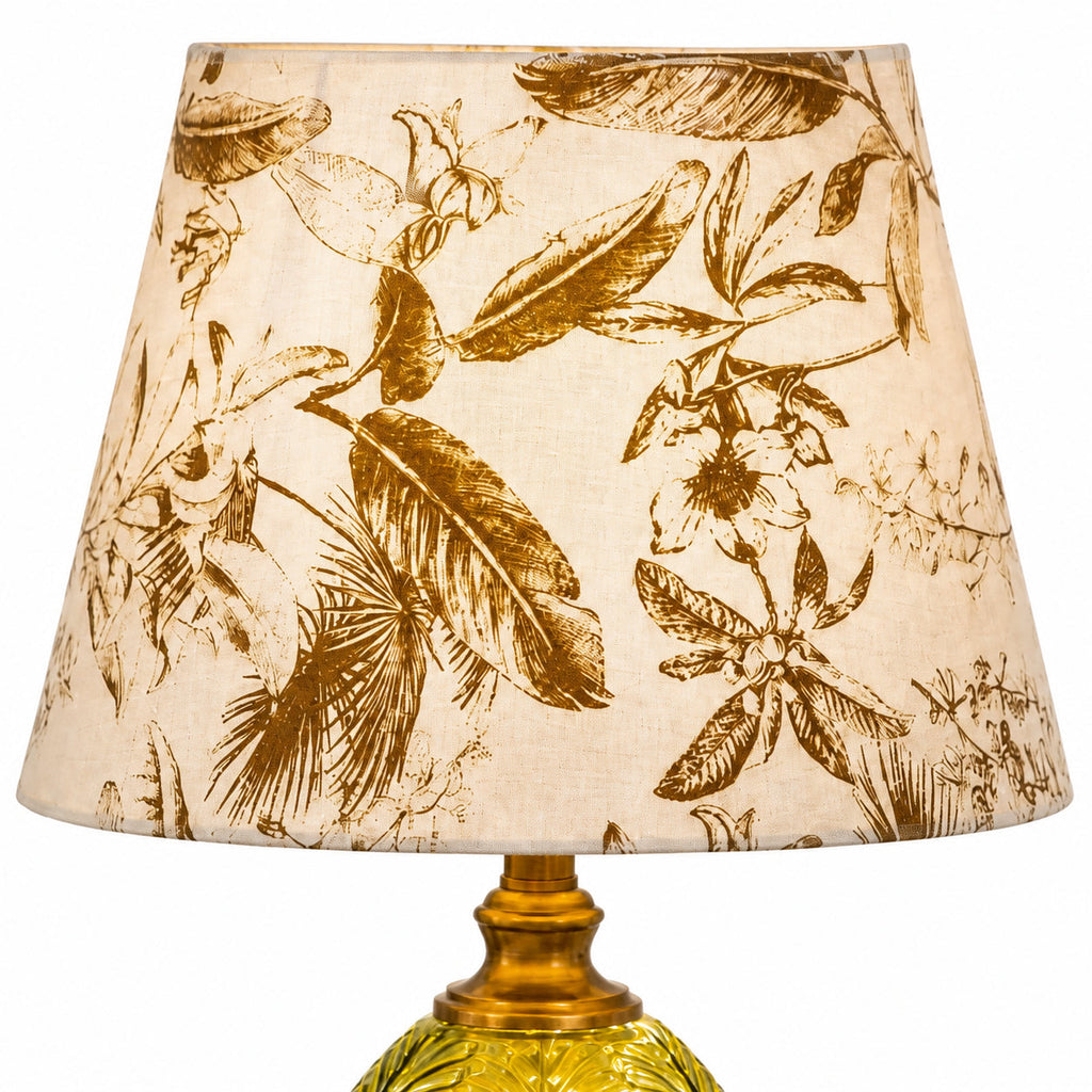 Patterned Fabric Shade Table Lamp with Glass Base — botanical shade and textured glass base