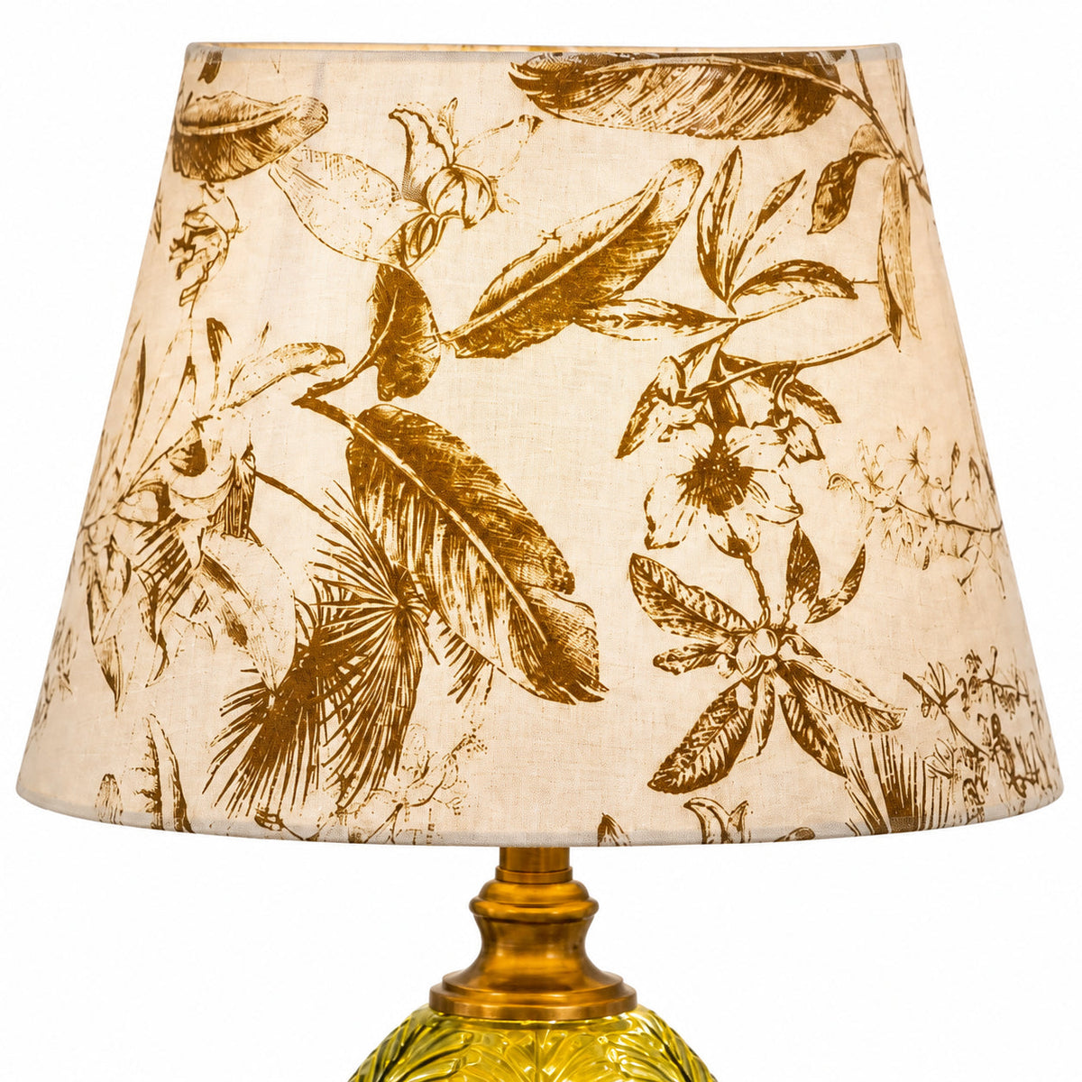 Patterned Fabric Shade Table Lamp with Glass Base — botanical shade and textured glass base