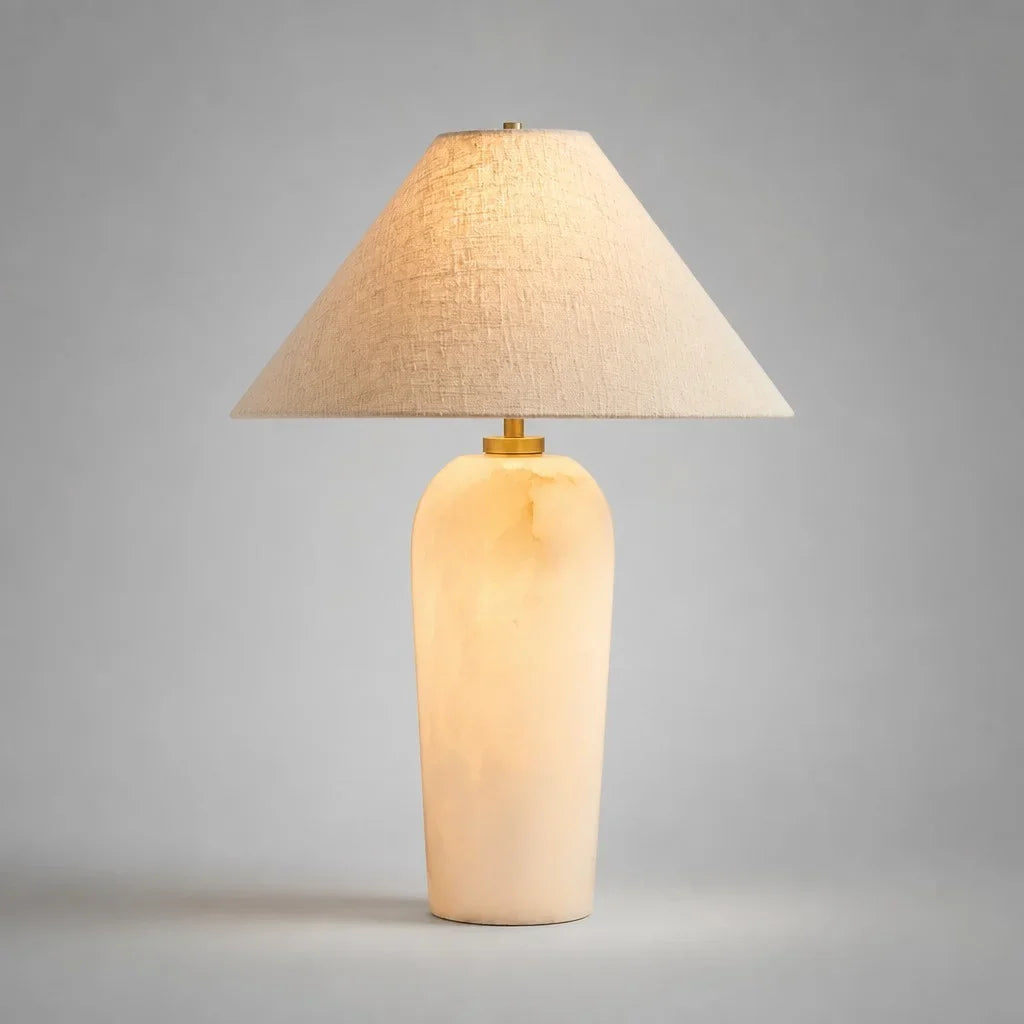 Alabaster and Linen Table Lamp with Two-Light Fitting — Transitional Alabaster Table Lamp