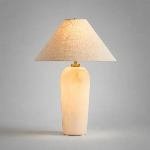 Alabaster and Linen Table Lamp with Two-Light Fitting — Transitional Alabaster Table Lamp