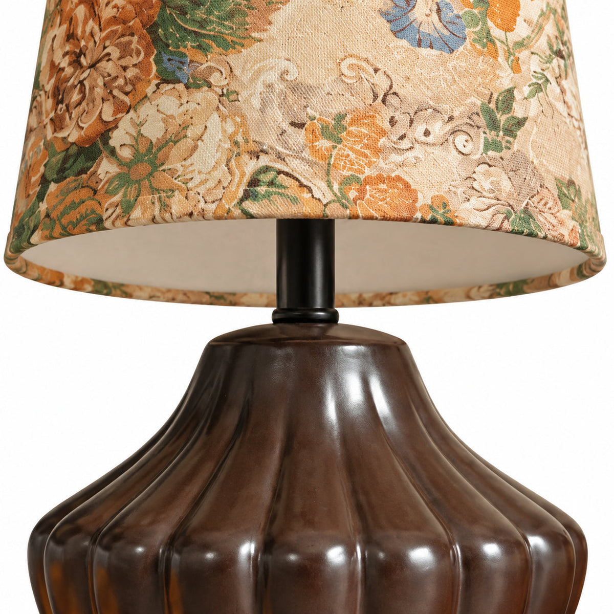 Floral Shade Table Lamp with Fluted Decorative Base — floral shade and ribbed dark base