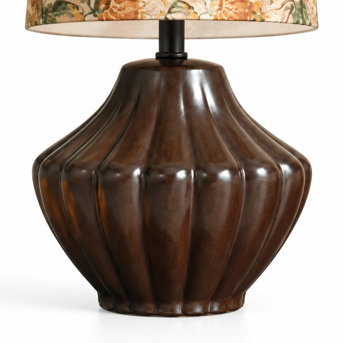 Floral Shade Table Lamp with Fluted Decorative Base — floral shade and ribbed dark base