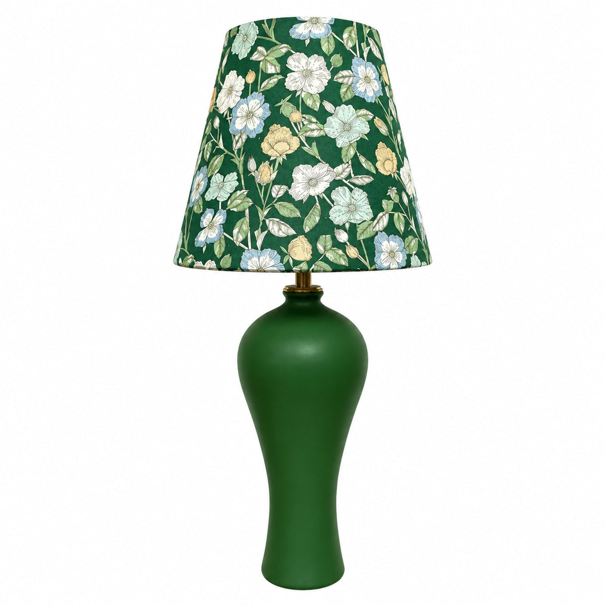 Floral Fabric Shade Table Lamp with Ceramic Vase Base — floral shade and green vase-shaped base