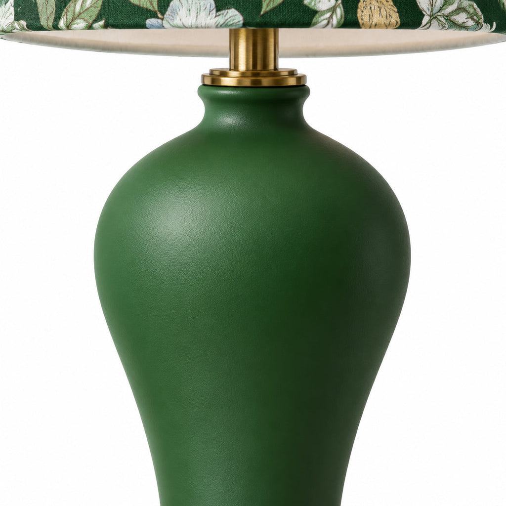 Floral Fabric Shade Table Lamp with Ceramic Vase Base — floral shade and green vase-shaped base