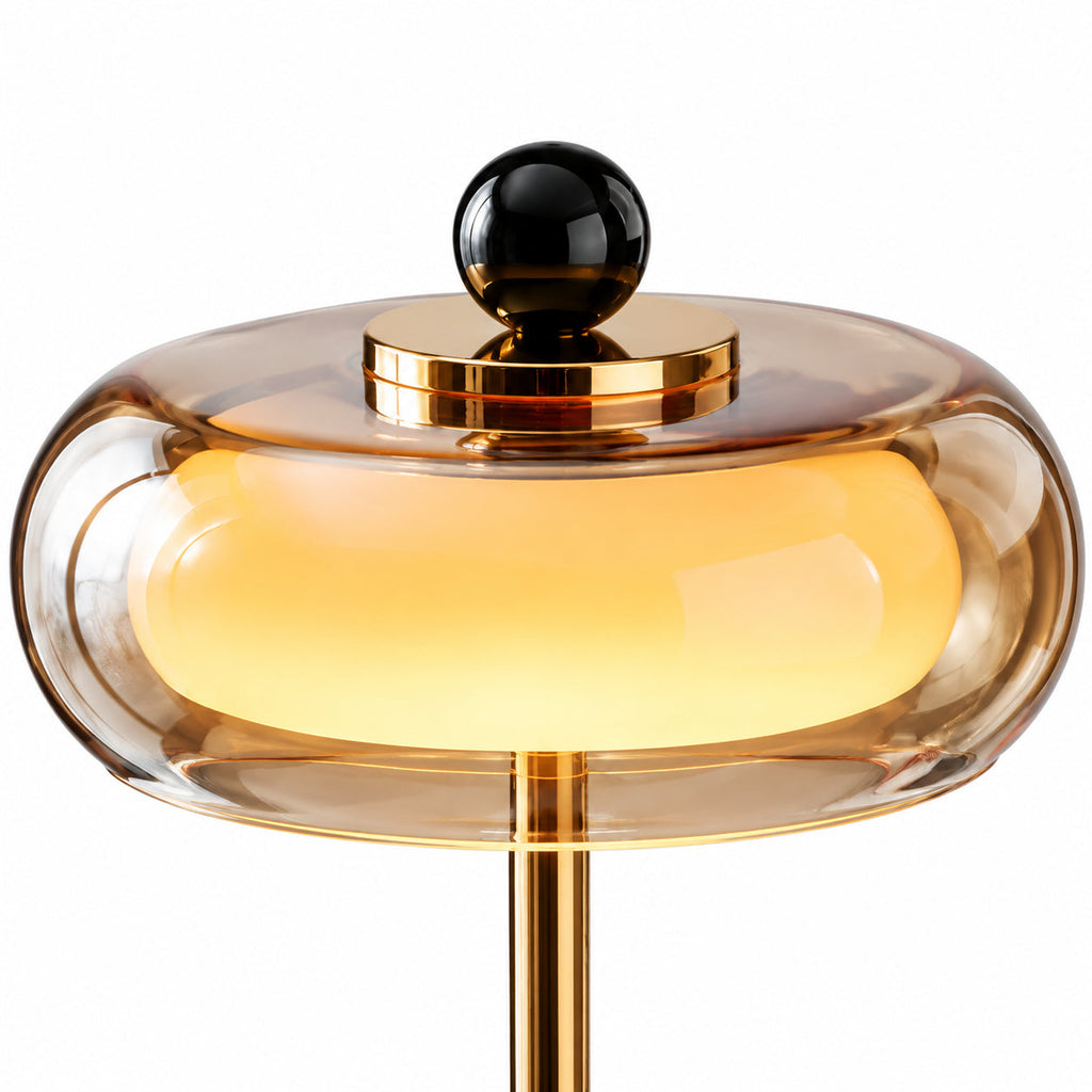 Disc-Shade LED Table Lamp in Amber Glass or Alabaster — disc-shaped shade and rounded base
