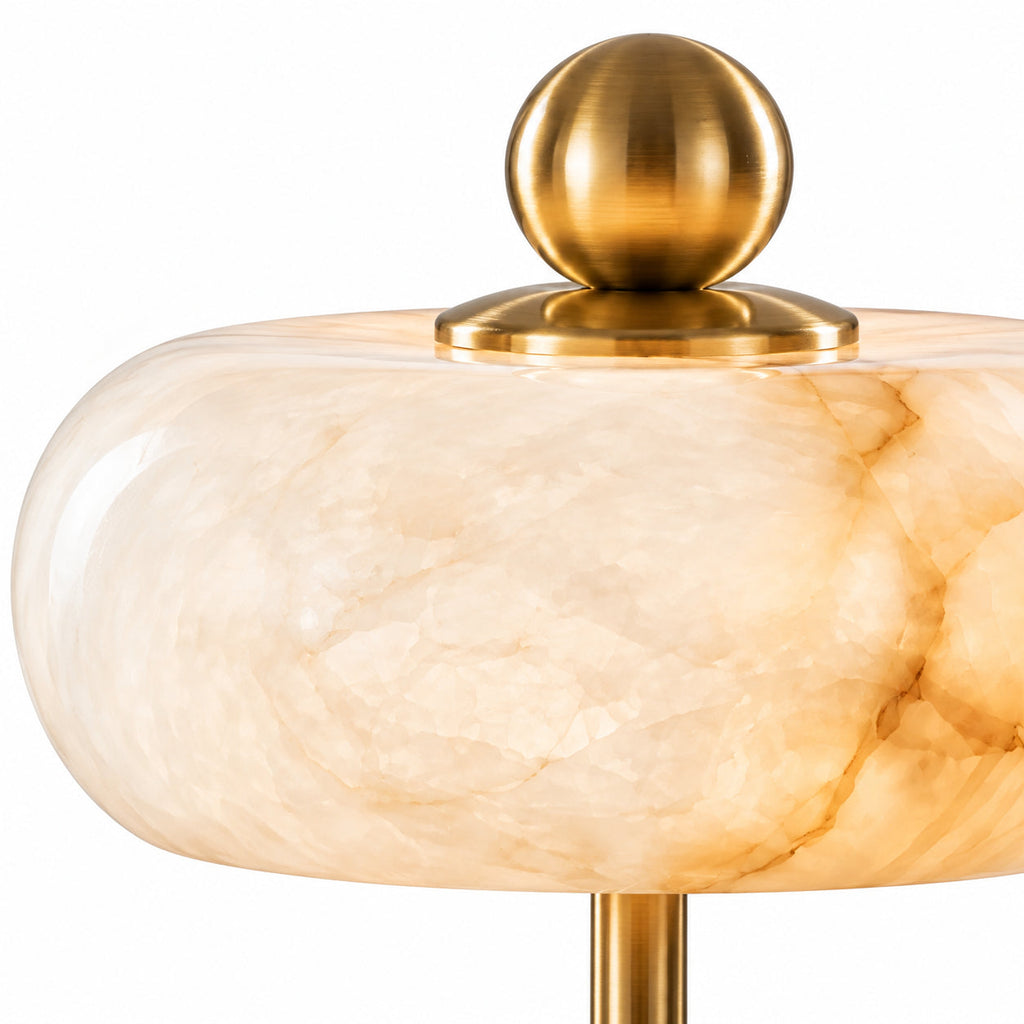 Disc-Shade LED Table Lamp in Amber Glass or Alabaster — disc-shaped shade and rounded base