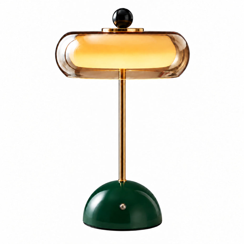 Disc-Shade LED Table Lamp in Amber Glass or Alabaster — disc-shaped shade and rounded base
