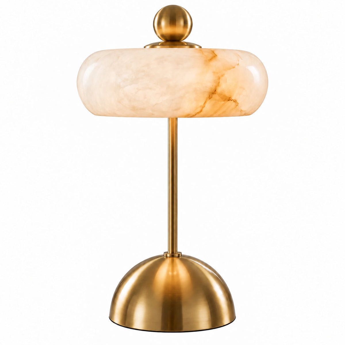 Disc-Shade LED Table Lamp in Amber Glass or Alabaster — disc-shaped shade and rounded base