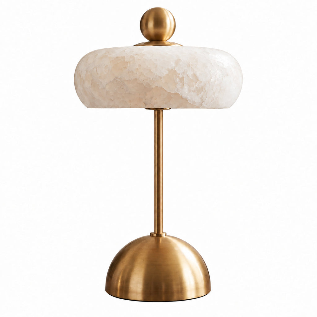 Disc-Shade LED Table Lamp in Amber Glass or Alabaster — disc-shaped shade and rounded base