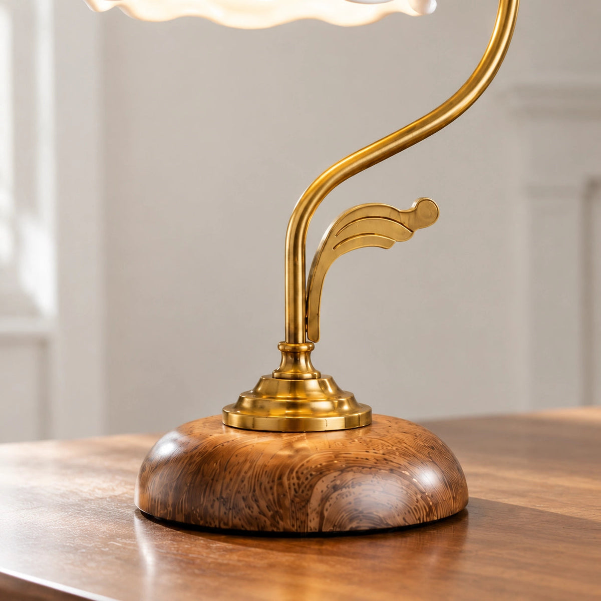Ceramic Flower Shade Table Lamp — scalloped white shade and curved brass-colour stem