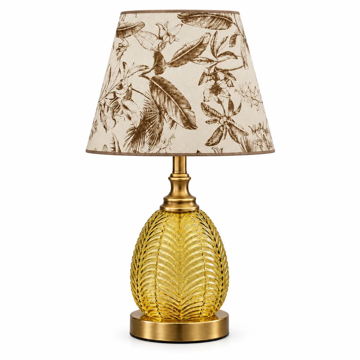 Patterned Fabric Shade Table Lamp with Glass Base — botanical shade and textured glass base