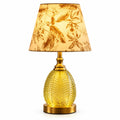 Patterned Fabric Shade Table Lamp with Glass Base — botanical shade and textured glass base