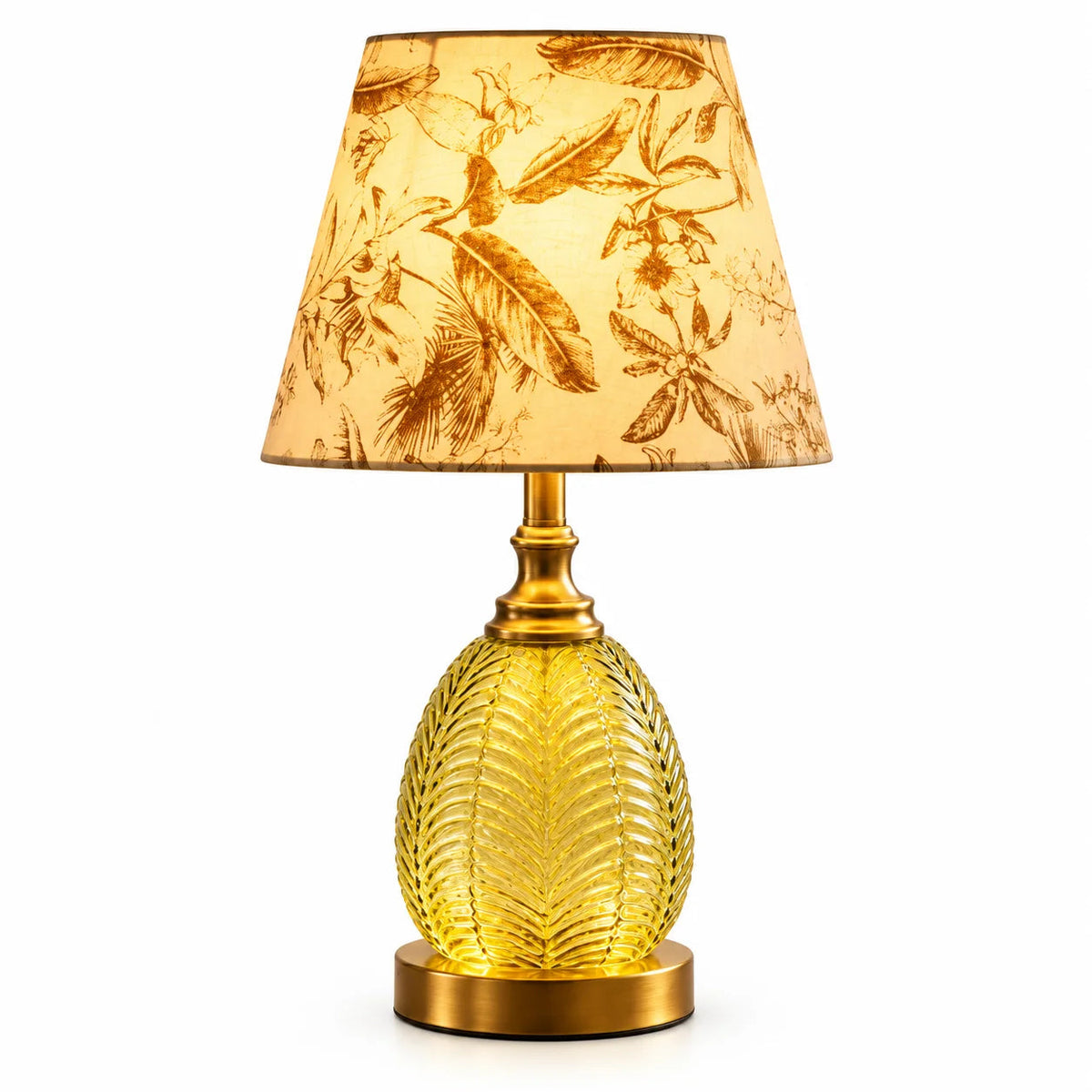Patterned Fabric Shade Table Lamp with Glass Base — botanical shade and textured glass base