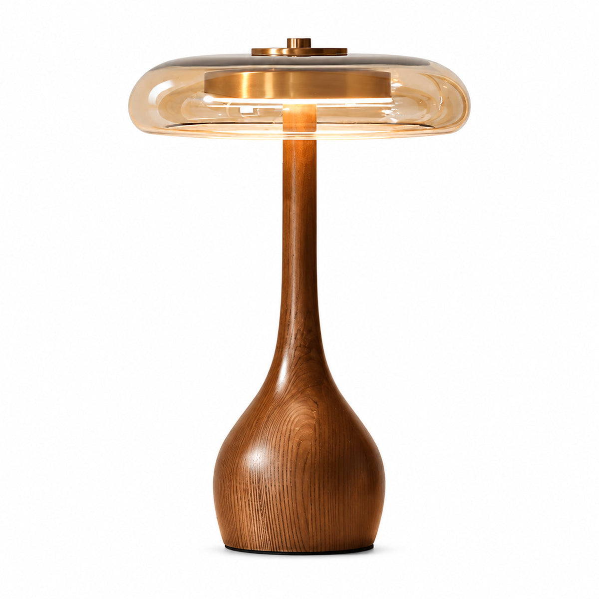 Amber Glass Mushroom Table Lamp with Wood Base — amber glass dome and curved wood-grain base