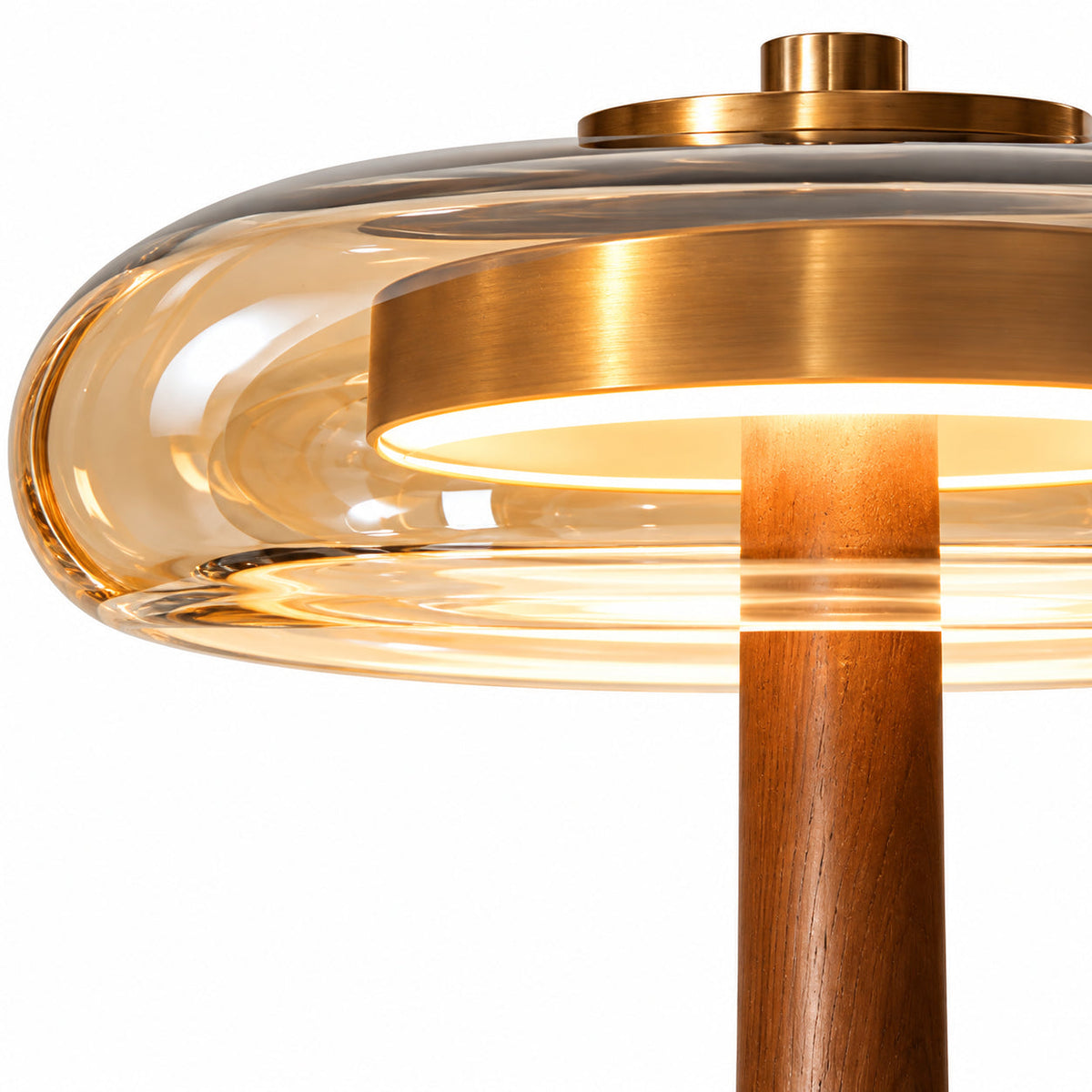Amber Glass Mushroom Table Lamp with Wood Base — amber glass dome and curved wood-grain base