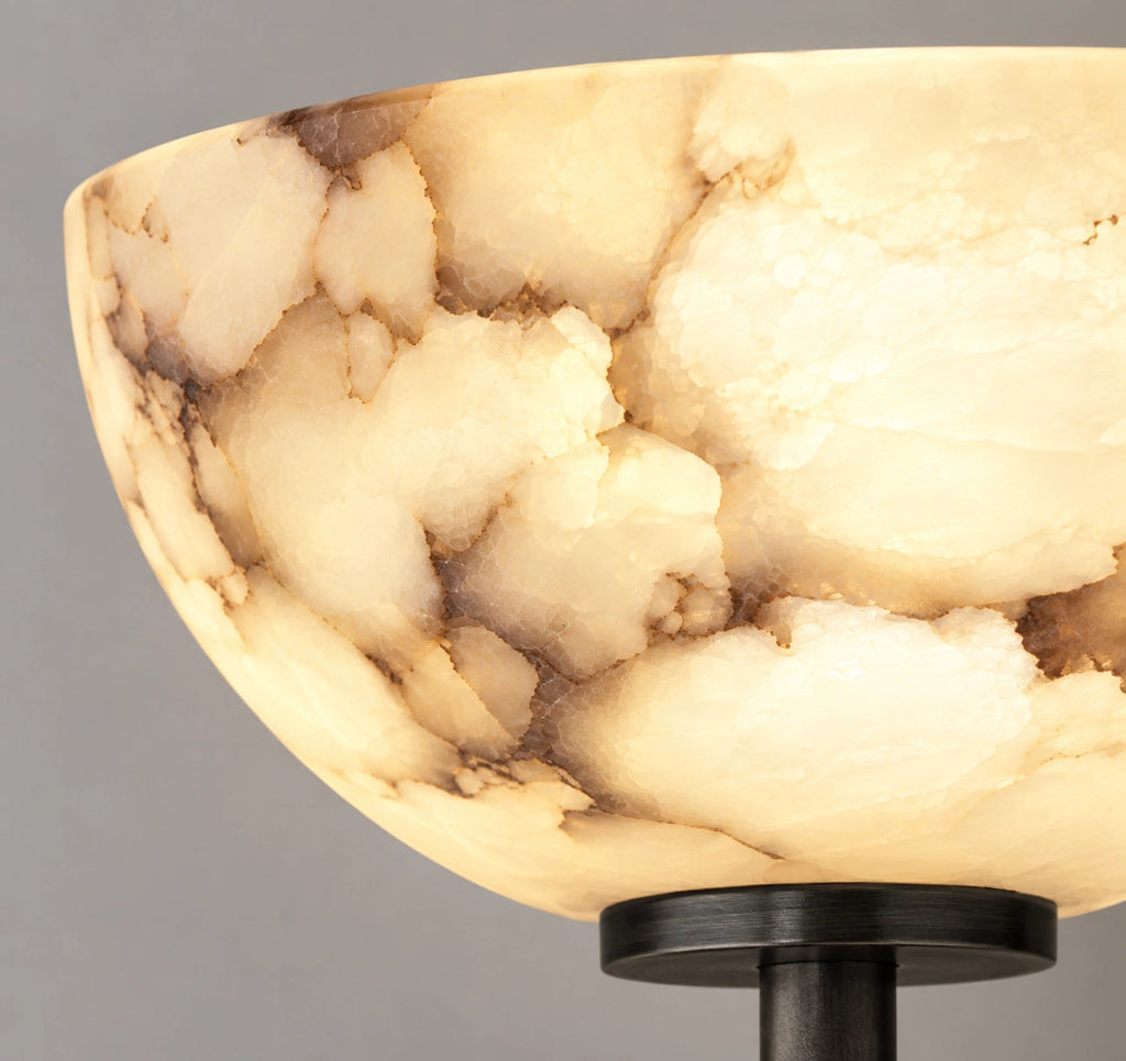 Alabaster Bowl Wall Light with Slender Metal Stem — bowl shade and rectangular wall plate